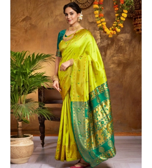 Women's Silk Blend Zari Weaving Saree With Unstitched Blouse 5.5Mtr (Lime-Green)