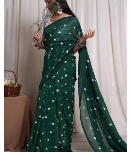 Women's Linen Printed Saree With Unstitched Blouse 5.5Mtr (Green)