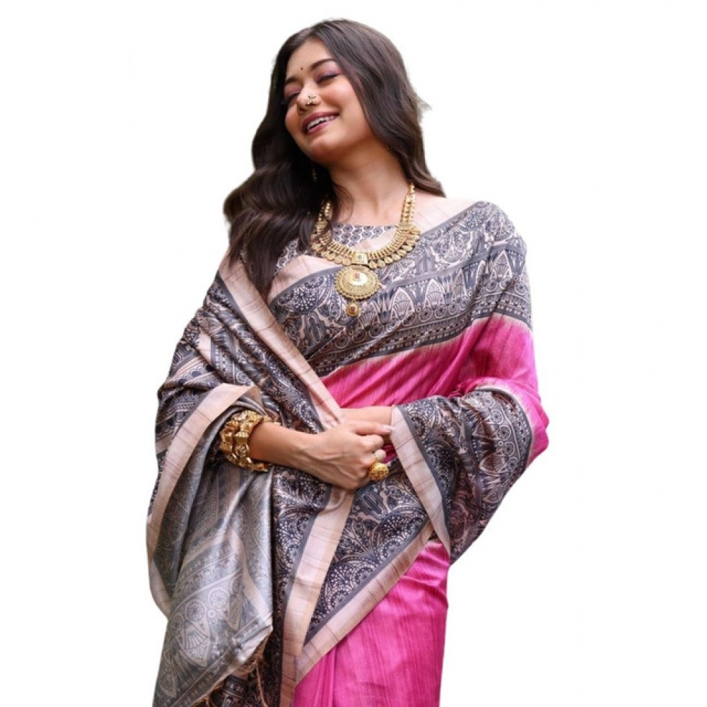 Women's Faux_Tussar Ethnic_Print Saree With Unstitched Blouse 5.5Mtr (Pink) Women's Faux_Tussar Ethnic_Print Saree With Unstitched Blouse 5.5Mtr (Pink)