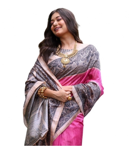 Women's Faux_Tussar Ethnic_Print Saree With Unstitched Blouse 5.5Mtr (Pink)