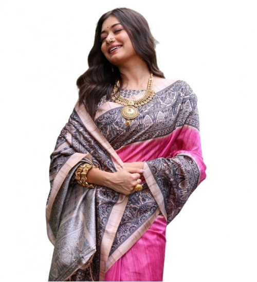 Women's Faux_Tussar Ethnic_Print Saree With Unstitched Blouse 5.5Mtr (Pink)