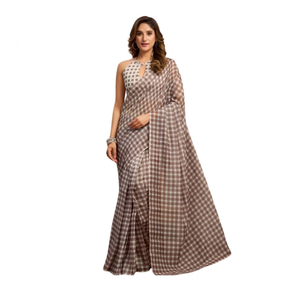 Women's Linen Cotton Printed Ready To Wear With Pocket Saree With Unstitched Blouse 5.5 Mtr (Light_Brown)