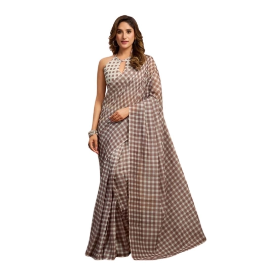 Women's Linen Cotton Printed Ready To Wear With Pocket Saree With Unstitched Blouse 5.5 Mtr (Light_Brown)