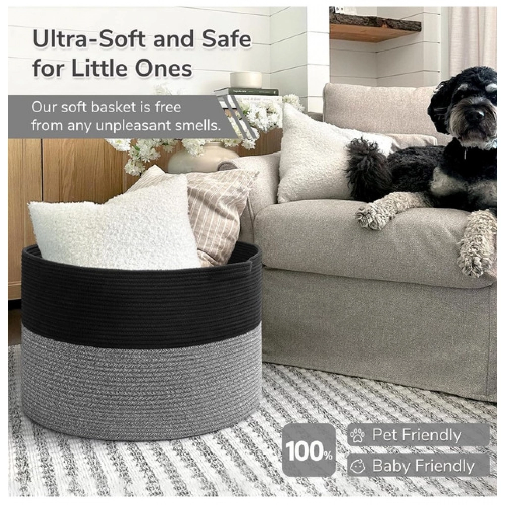 Cotton 16x14 Inch Pack of 1 Storage Basket For Clothes (Black)