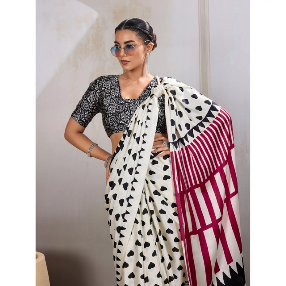 Women's Satin Crepe Printed Saree With Unstitched Blouse 5.5Mtr (White)