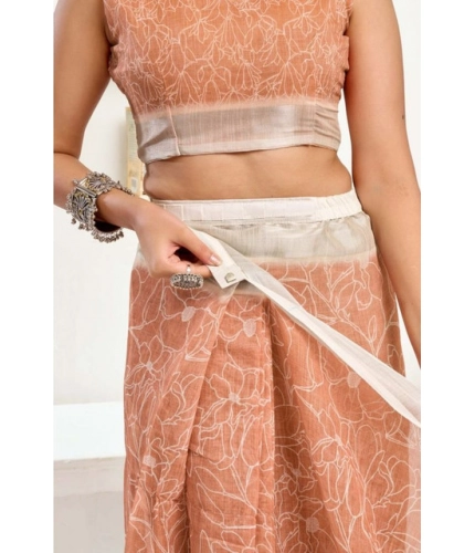 Women's Faux Linen Floral Print Ready to wear Saree With Unstitched Blouse 5.5Mtr (Peach)