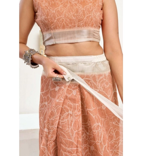 Women's Faux Linen Floral Print Ready to wear Saree With Unstitched Blouse 5.5Mtr (Peach)