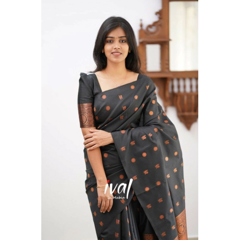 Women's Soft Lichi Silk Printed Saree With Unstitched Blouse 5.5Mtr (Black)