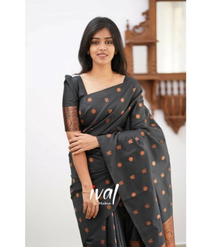 Women's Soft Lichi Silk Printed Saree With Unstitched Blouse 5.5Mtr (Black)