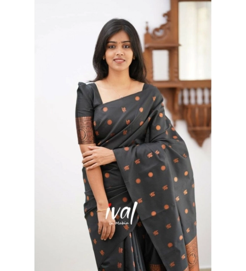 Women's Soft Lichi Silk Printed Saree With Unstitched Blouse 5.5Mtr (Black)