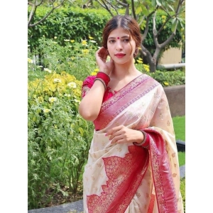 Generic Women's Litchi silk Printed Saree With Unstitched Blouse (Half White)