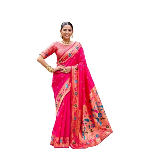 Women's Silk Blend Woven Saree With Unstitched Blouse 5.5 Mtr (Pink)