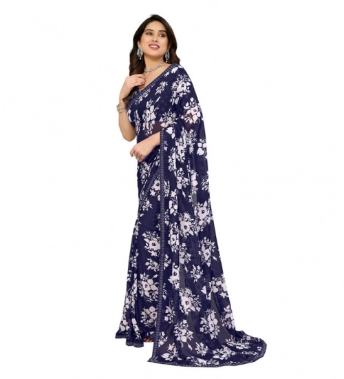 Women's Georgette Printed Saree With Unstitched Blouse 5.5Mtr (Navy Blue)