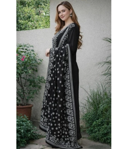 Women's Chanderi Silk Ethnic Motif Round 3/4th Sleeve Kurti With Pant Dupatta Set (Black)