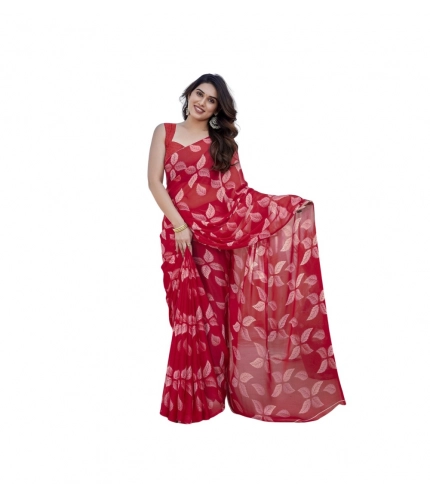 Women's Chiffon Printed Saree With Unstitched Blouse 5.5Mtr (Red)
