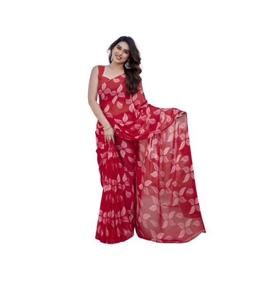Women's Chiffon Printed Saree With Unstitched Blouse 5.5Mtr (Red)