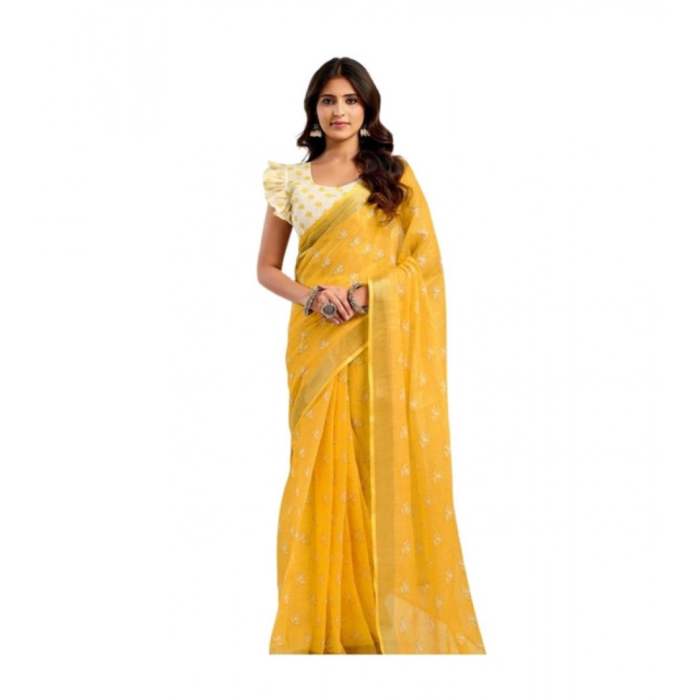Women's Linen Cotton Printed Ready To Wear Saree With Unstitched Blouse 5.5 Mtr (Yellow) Women's Linen Cotton Printed Ready To Wear Saree With Unstitched Blouse 5.5 Mtr (Yellow)