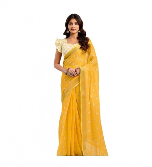 Women's Linen Cotton Printed Ready To Wear Saree With Unstitched Blouse 5.5 Mtr (Yellow)