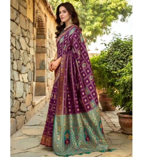 Women's Silk Blend Woven Zari Work Saree With Unstitched Blouse 5.5Mtr (Purple)