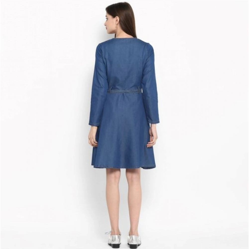 Women's Denim Washed Regular Sleeves Dress (Blue)