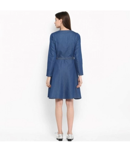 Women's Denim Washed Regular Sleeves Dress (Blue)