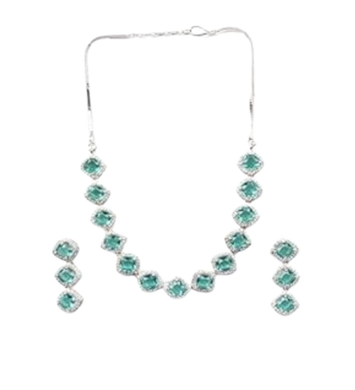 Women's Brass Silver Plated Necklace set (Green)