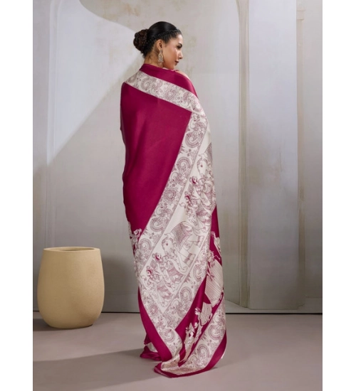 Women's Satin Crepe Printed Saree With Unstitched Blouse 5.5Mtr (Maroon)