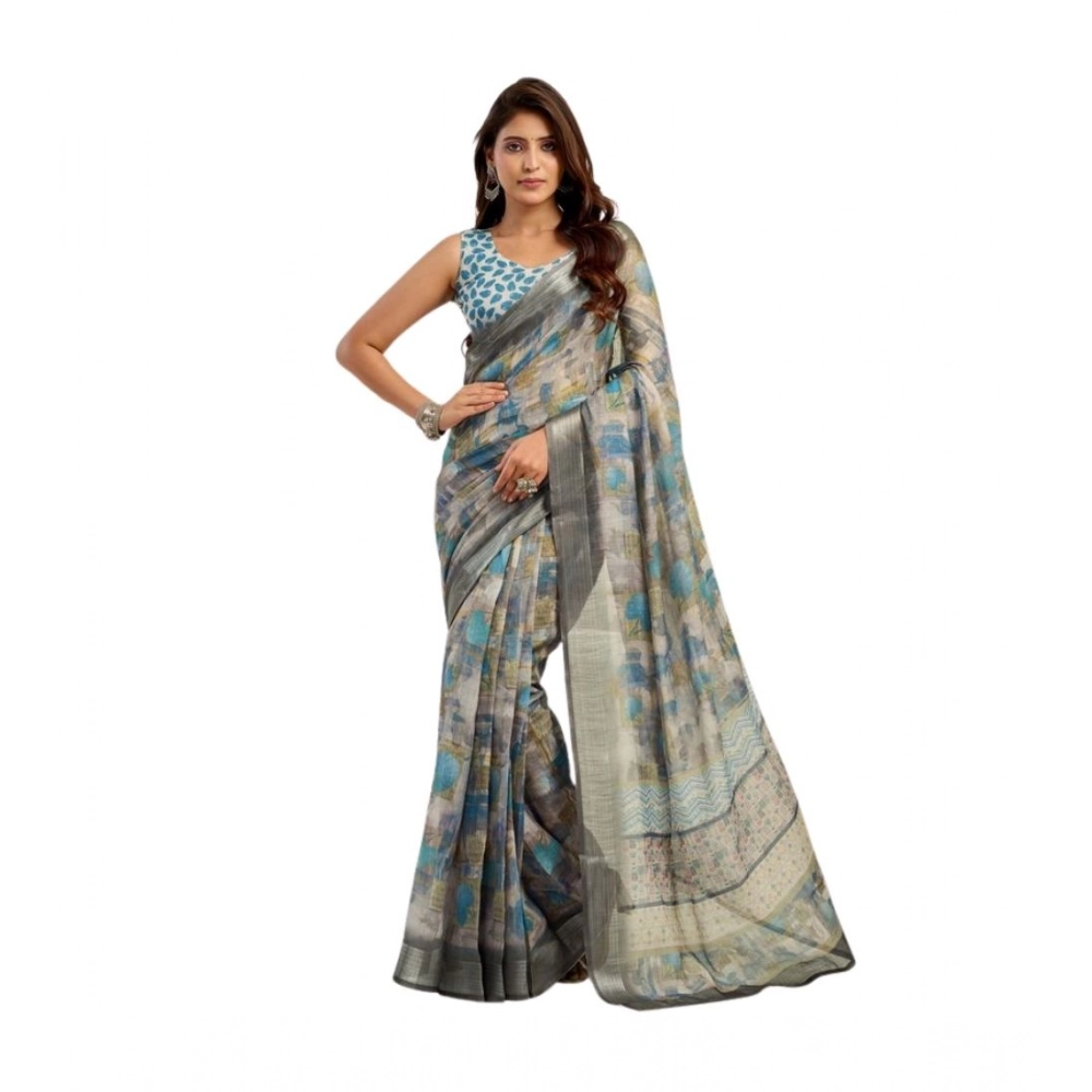 Women's Linen Cotton Printed Ready To Wear Saree With Unstitched Blouse 5.5 Mtr (Grey)
