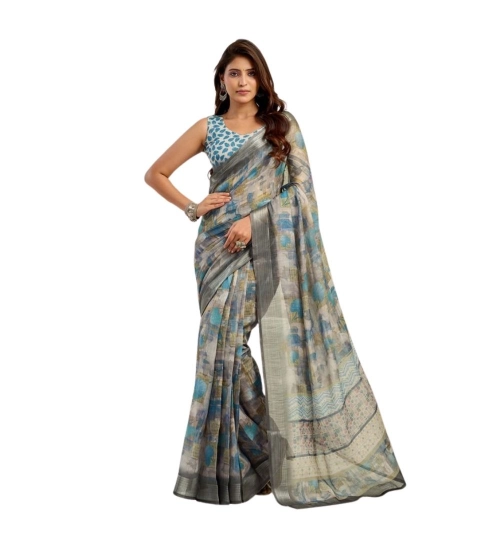 Women's Linen Cotton Printed Ready To Wear Saree With Unstitched Blouse 5.5 Mtr (Grey)