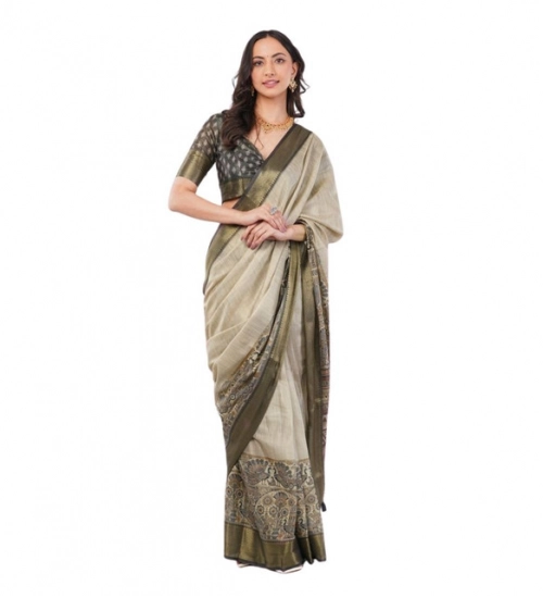 Women's Polyester Printed Ready To Wear Saree With Unstitched Blouse 5.5 Mtr (Beige)