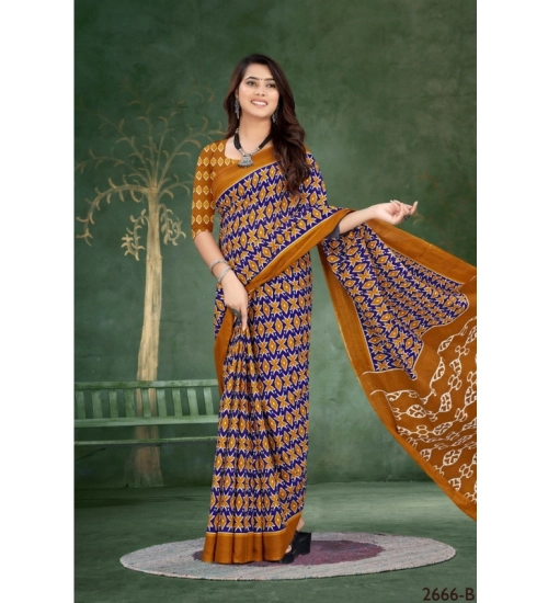 Women's Soft Pure Cotton Printed Saree With Unstitched Blouse 5.5Mtr (Blue)