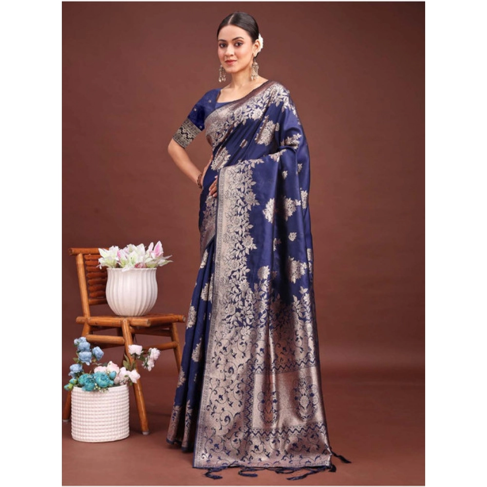 Women's Banarasi Silk Printed Saree With Unstitched Blouse 5.5Mtr (Navy Blue) Women's Banarasi Silk Printed Saree With Unstitched Blouse 5.5Mtr (Navy Blue)