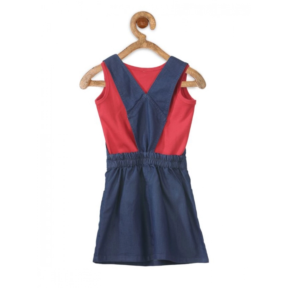 Girl's Denim &amp; Cotton Bow Sleeveless Dungaree (Red)