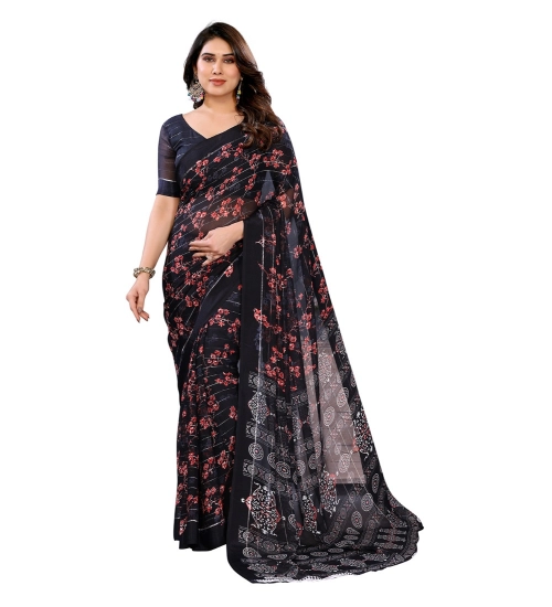 Women's Georgette Printed Saree With Unstitched Blouse 5.5Mtr (Navy Blue)