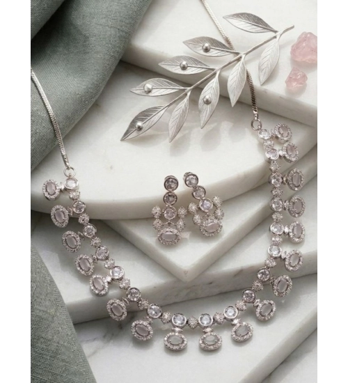 Women's Brass Silver Plated Necklace set (White)