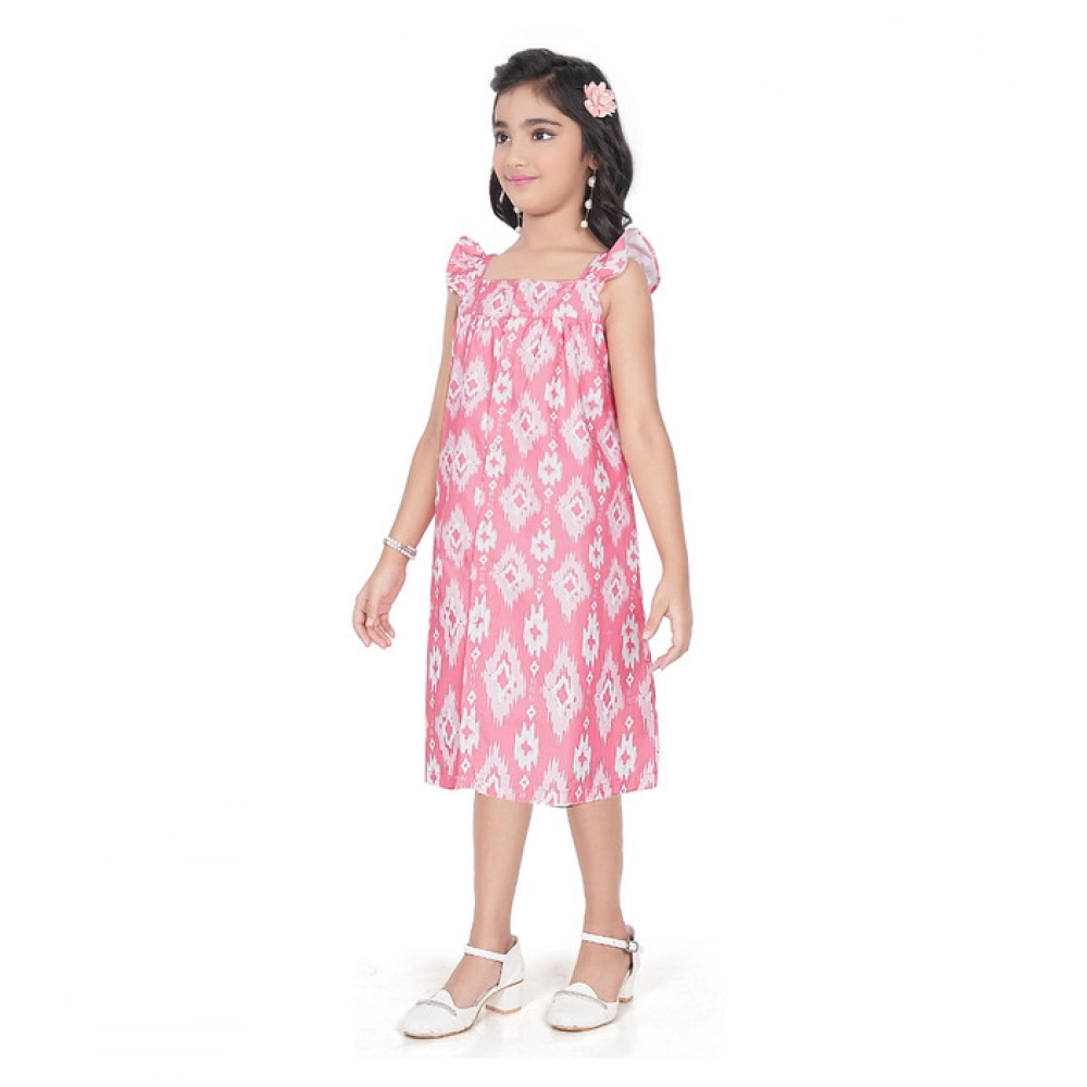 Girl's Cotton Printed Sleeve Less Squre Neck Dress (Pink)