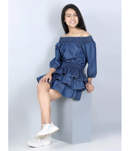 Girl's Denim Solid Off Shoulder Dress (Blue)