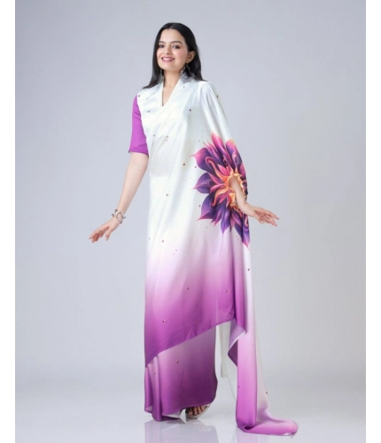 Women's Soft Crepe Silk Printed Ready To Wear Saree With Unstitched Blouse 5.5Mtr (Purple) Women's Soft Crepe Silk Printed Ready To Wear Saree With Unstitched Blouse 5.5Mtr (Purple)