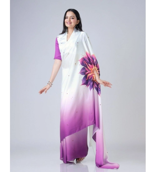 Women's Soft Crepe Silk Printed Ready To Wear Saree With Unstitched Blouse 5.5Mtr (Purple)