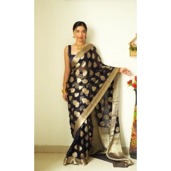 Women's Litchi silk Printed Saree With Unstitched Blouse (Black)