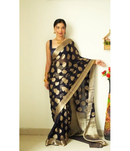 Women's Litchi silk Printed Saree With Unstitched Blouse (Black)