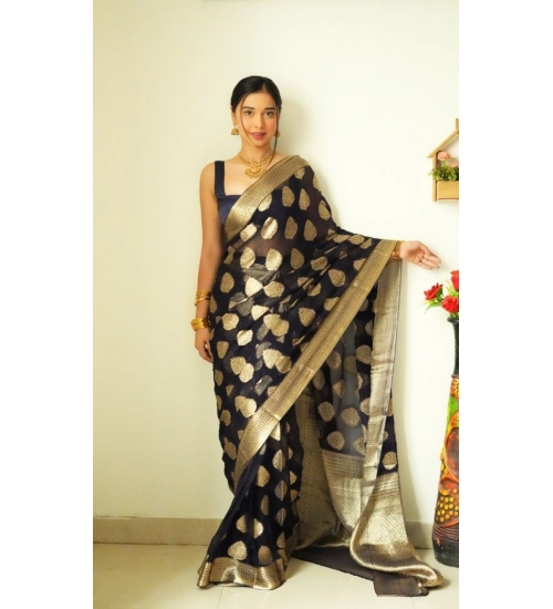 Women's Litchi silk Printed Saree With Unstitched Blouse (Black)