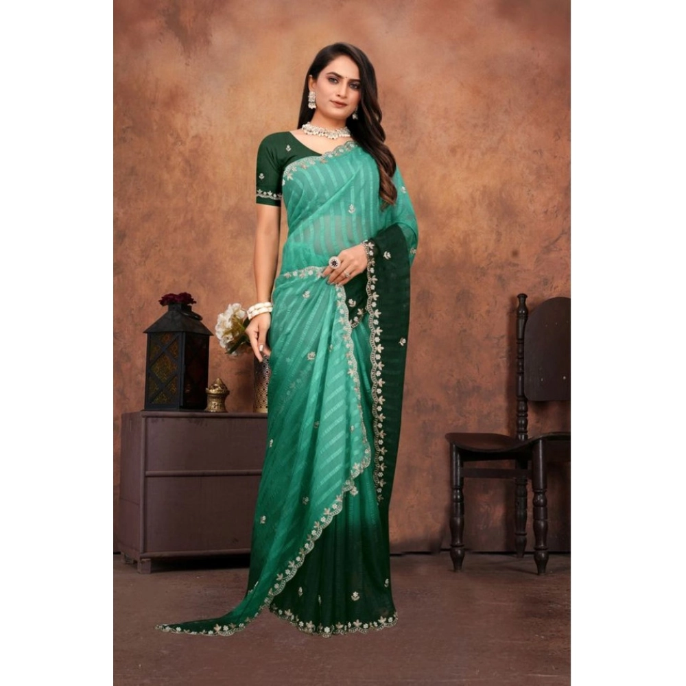 Women's Chiffon Embroidred Saree With Unstitched Blouse 5.5Mtr (Dark Green) Women's Chiffon Embroidred Saree With Unstitched Blouse 5.5Mtr (Dark Green)