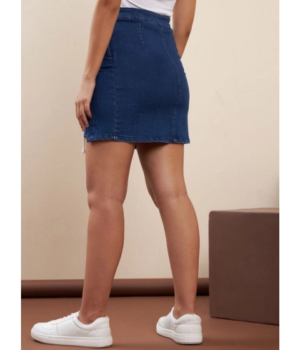 Women's Denim Lycra Solid Button Skirt (Blue)