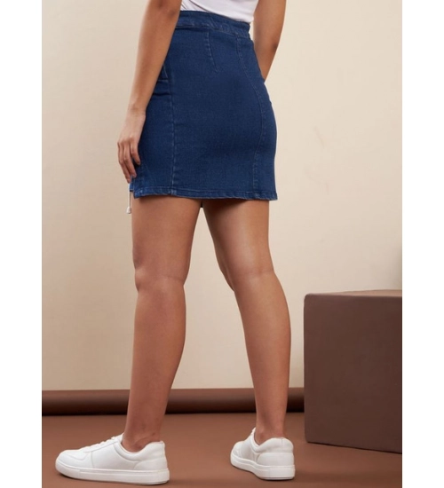 Women's Denim Lycra Solid Button Skirt (Blue)