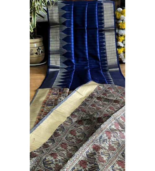 Women's Tussar Silk Madhubani Saree With Unstitched Blouse 5.5Mtr (Blue)
