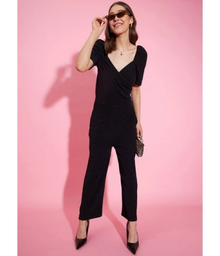 Women's Polyester Lycra Solid Puff Sleeve Jumpsuit (Black)