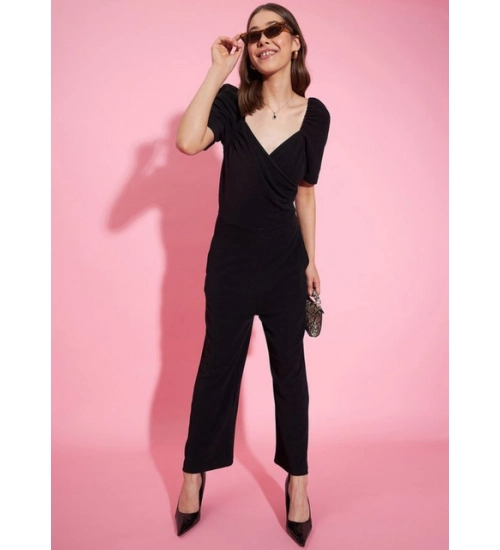 Women's Polyester Lycra Solid Puff Sleeve Jumpsuit (Black) Women's Polyester Lycra Solid Puff Sleeve Jumpsuit (Black)
