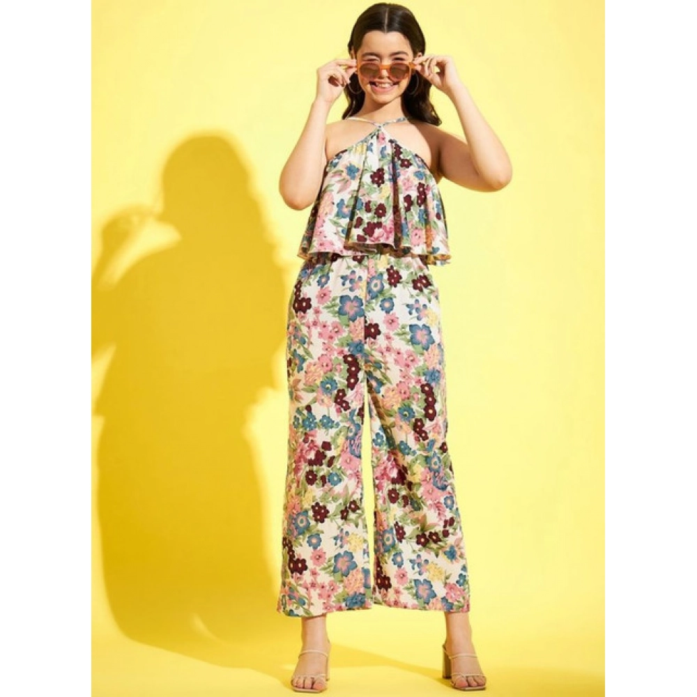 Girl's Polyester Crepe Floral Sleeveless Jumpsuit (Multicolor)