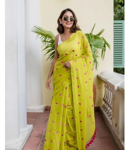 Women's Linen Printed Saree With Unstitched Blouse 5.5Mtr (Light Green)